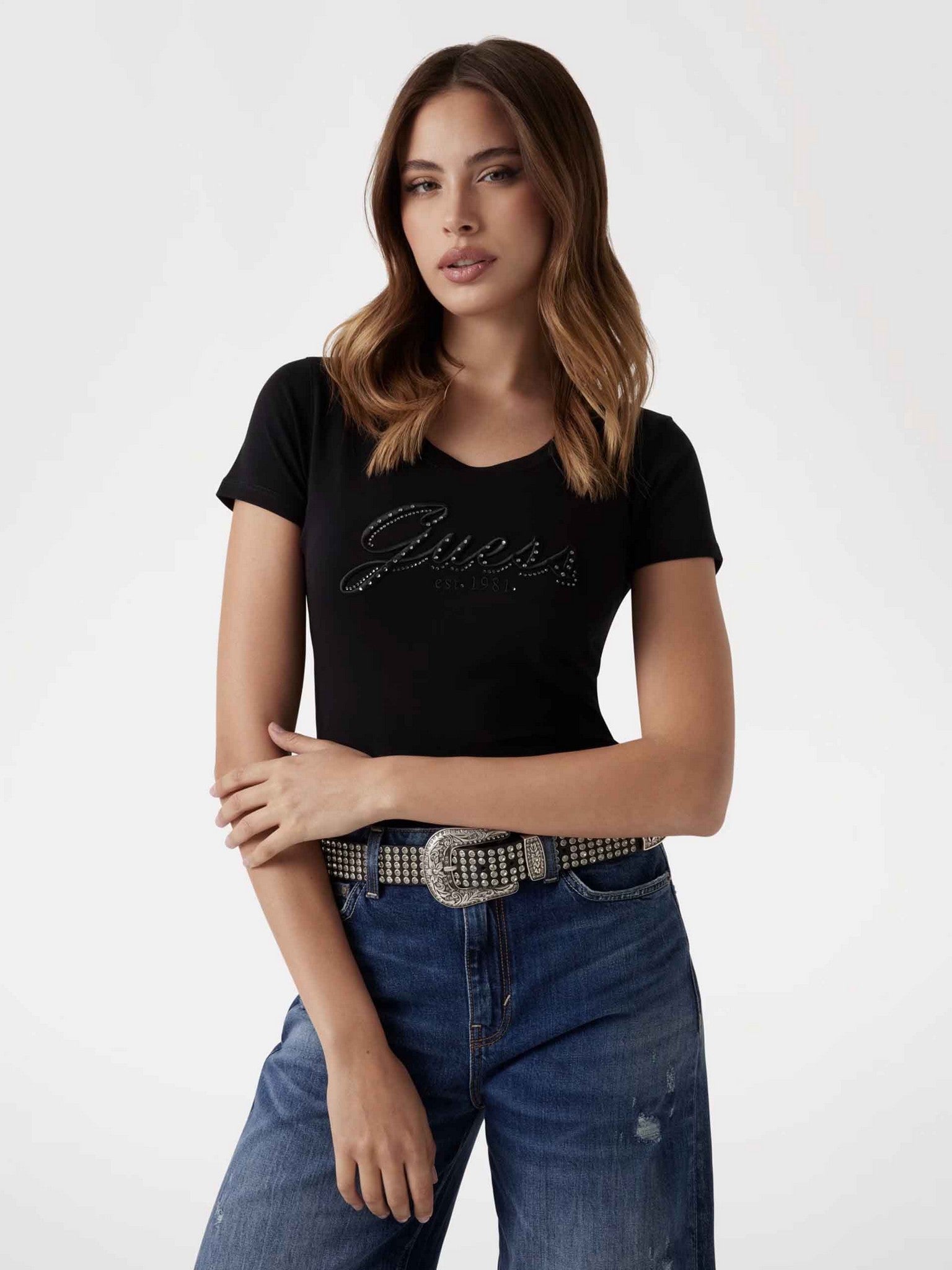Camiseta bordado logo de Guess